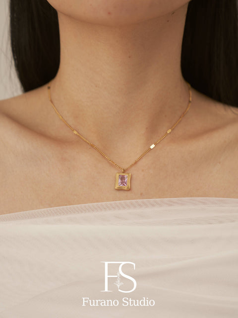 18k Gold Pink Diamond Pendant, Clear Zircon Necklace