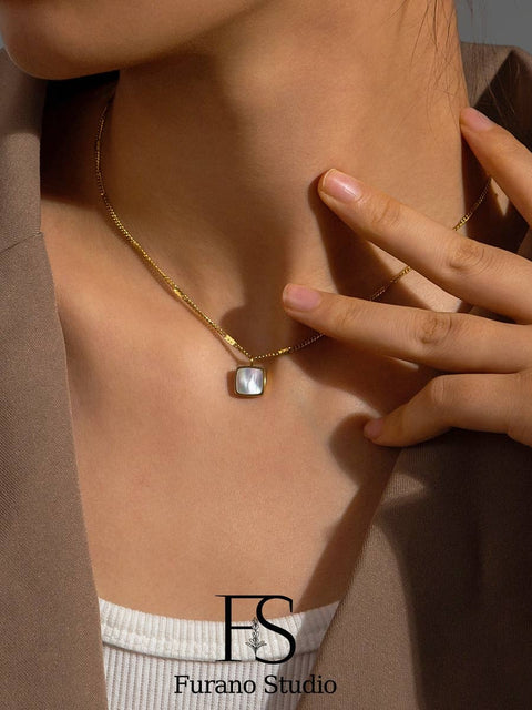Gold Pearl Square Pendant Necklace; Pearl Charm Necklace