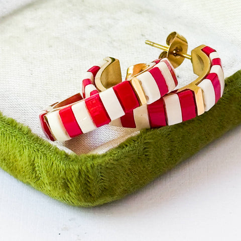Small Red Tila Bead Hoop Earrings Gold-Plated | Handmade