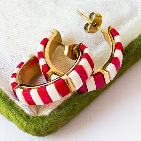 Small Red Tila Bead Hoop Earrings Gold-Plated | Handmade