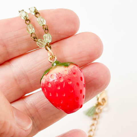 Strawberry Charm Necklace with Green Beads