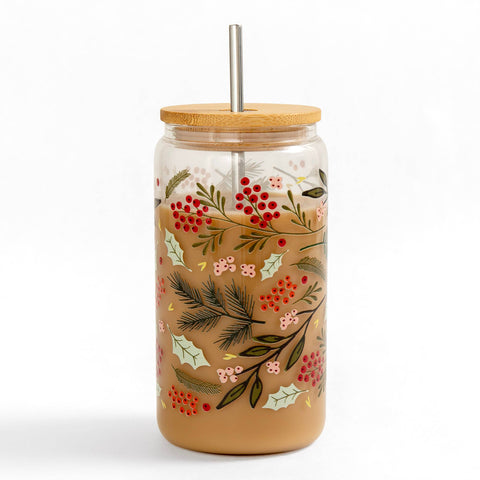 Winter Berries Glass Can