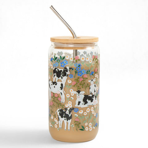 Milk Cows & Flowers Glass Can