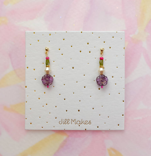 Purple flower beaded dangle earrings