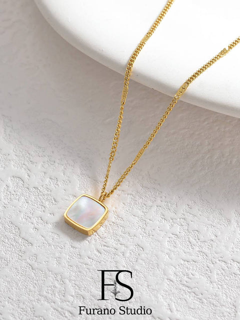 Gold Pearl Square Pendant Necklace; Pearl Charm Necklace