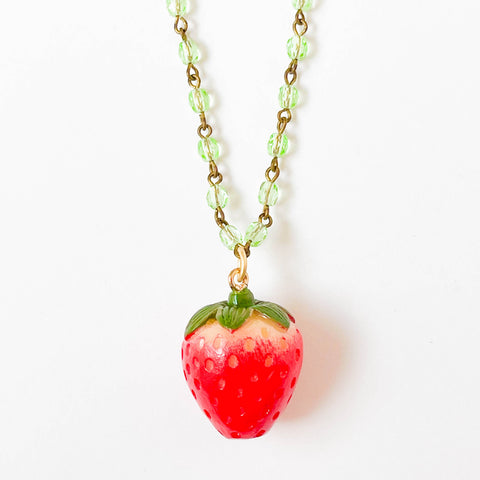 Strawberry Charm Necklace with Green Beads