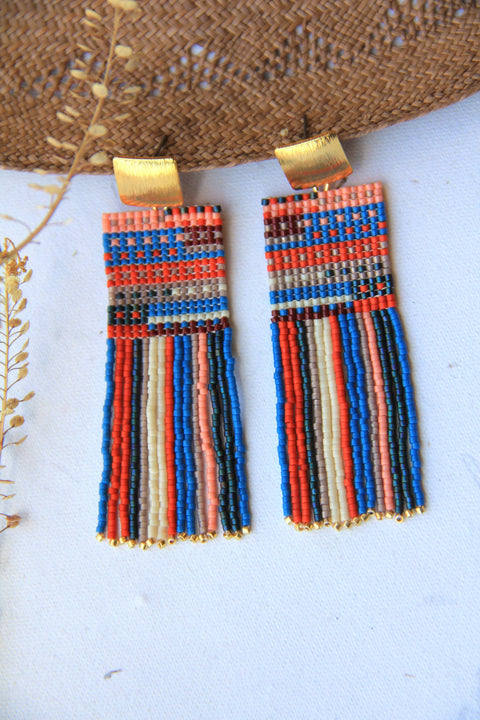 Beaded Striped Knit Fringe Earrings