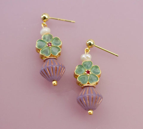 Beaded Green and Purple Dangle Earrings