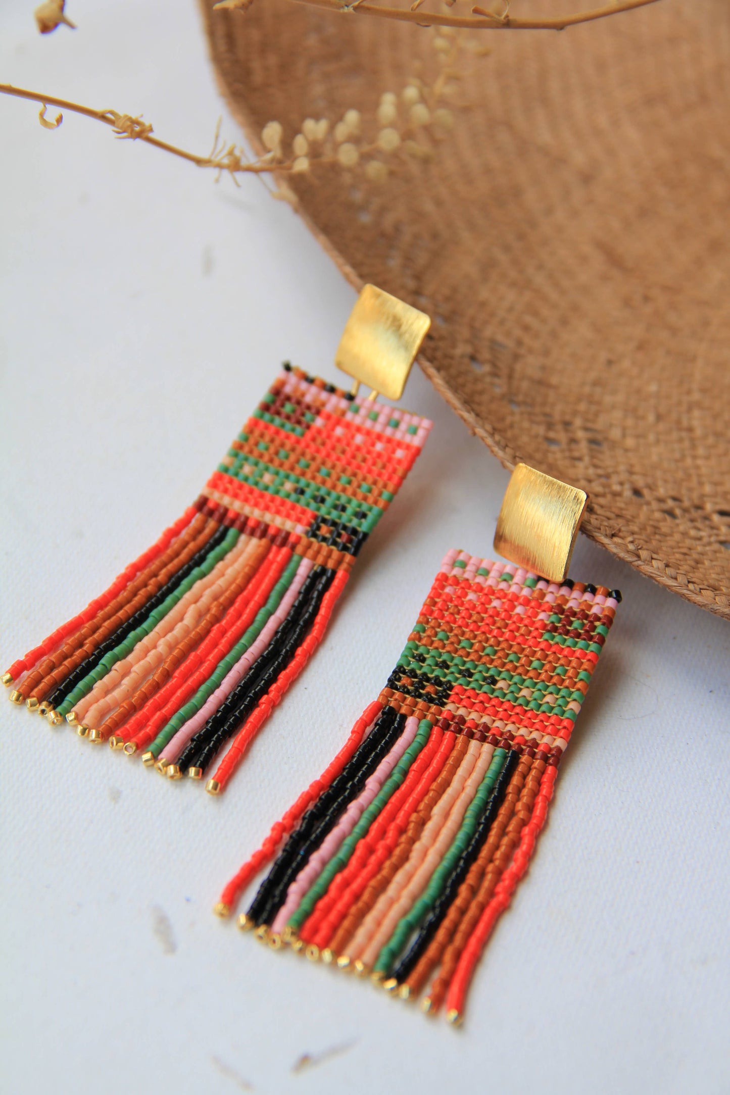 Beaded Striped Knit Fringe Earrings