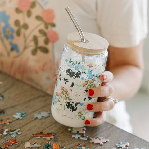 Milk Cows & Flowers Glass Can