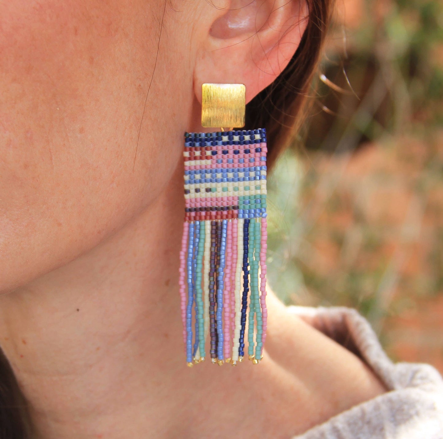 Beaded Striped Knit Fringe Earrings