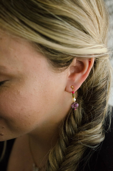 Purple flower beaded dangle earrings
