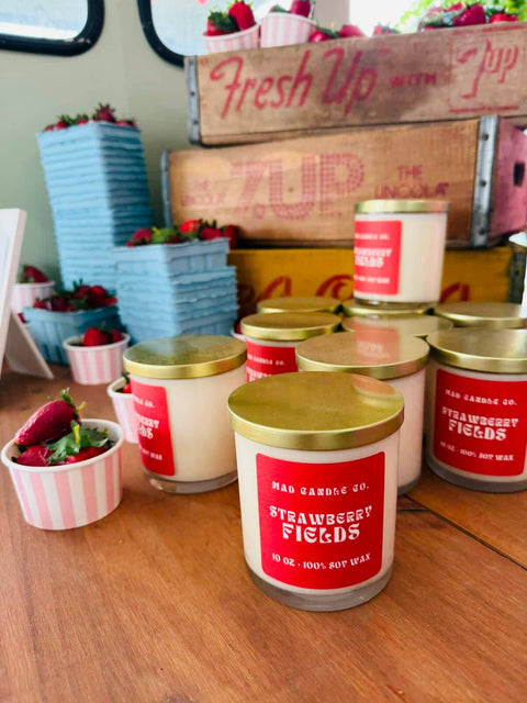 Strawberry Fields Soy Candle - 10 oz Glass Jar & Wood Wick