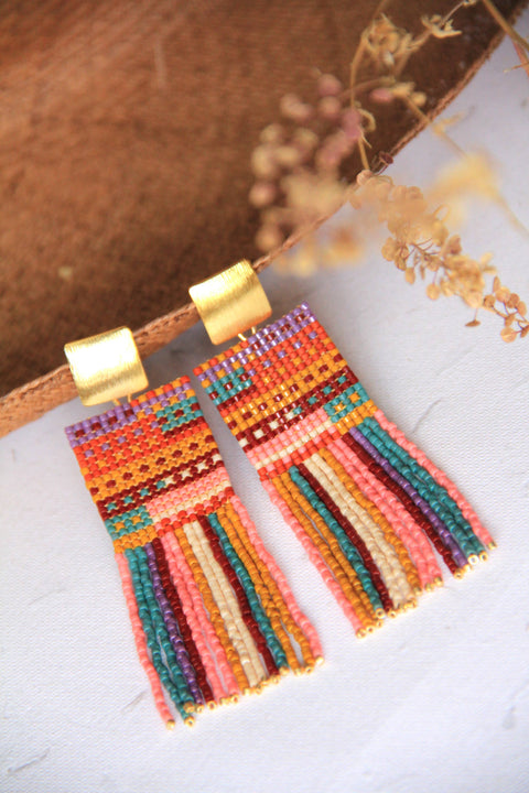 Beaded Striped Knit Fringe Earrings