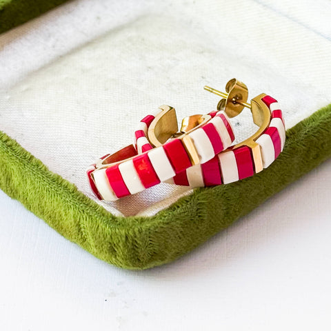Small Red Tila Bead Hoop Earrings Gold-Plated | Handmade