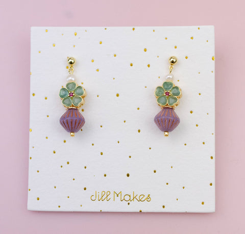 Beaded Green and Purple Dangle Earrings