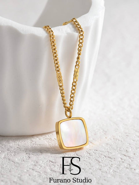 Gold Pearl Square Pendant Necklace; Pearl Charm Necklace