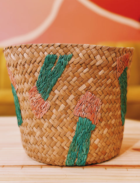 Cactus Embroidery Seagrass Basket