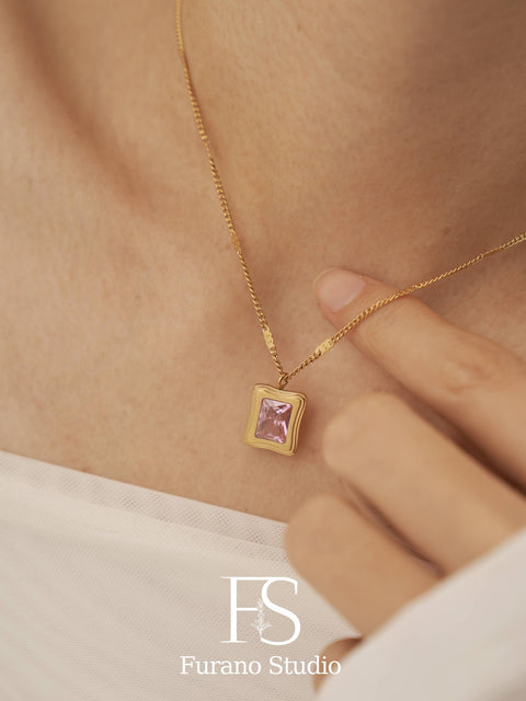18k Gold Pink Diamond Pendant, Clear Zircon Necklace