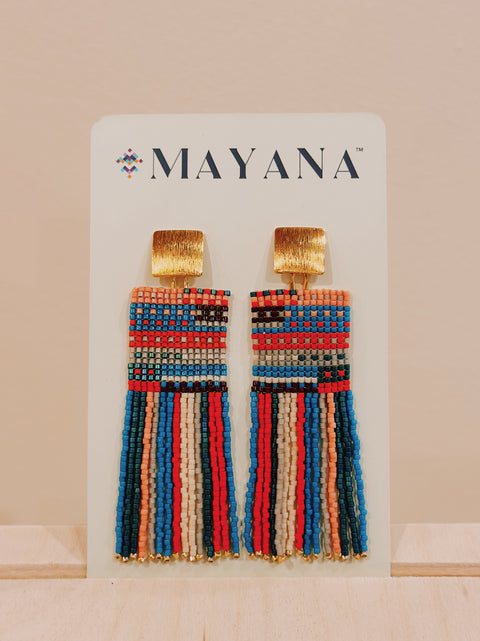 Beaded Striped Knit Fringe Earrings