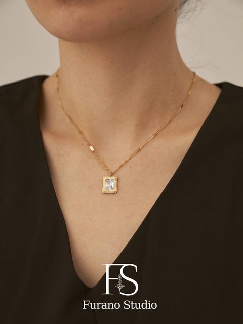 18k Gold Pink Diamond Pendant, Clear Zircon Necklace