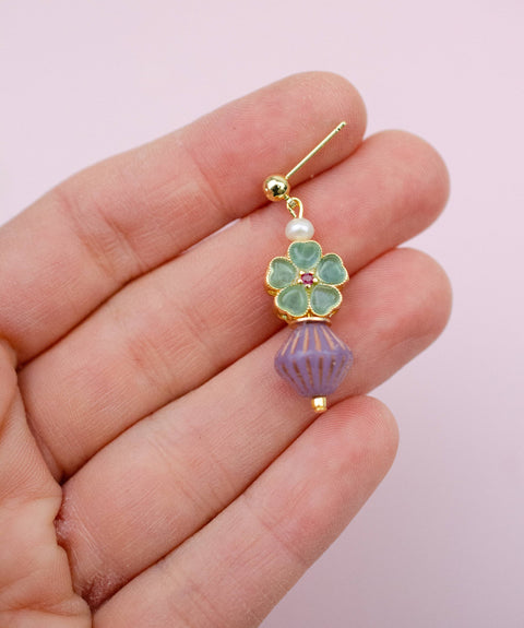 Beaded Green and Purple Dangle Earrings