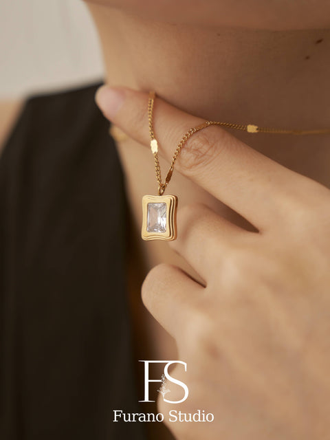 18k Gold Pink Diamond Pendant, Clear Zircon Necklace
