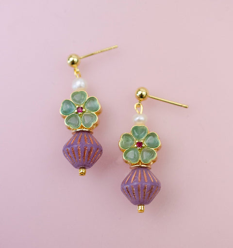 Beaded Green and Purple Dangle Earrings