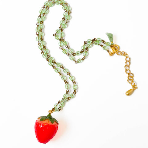 Strawberry Charm Necklace with Green Beads