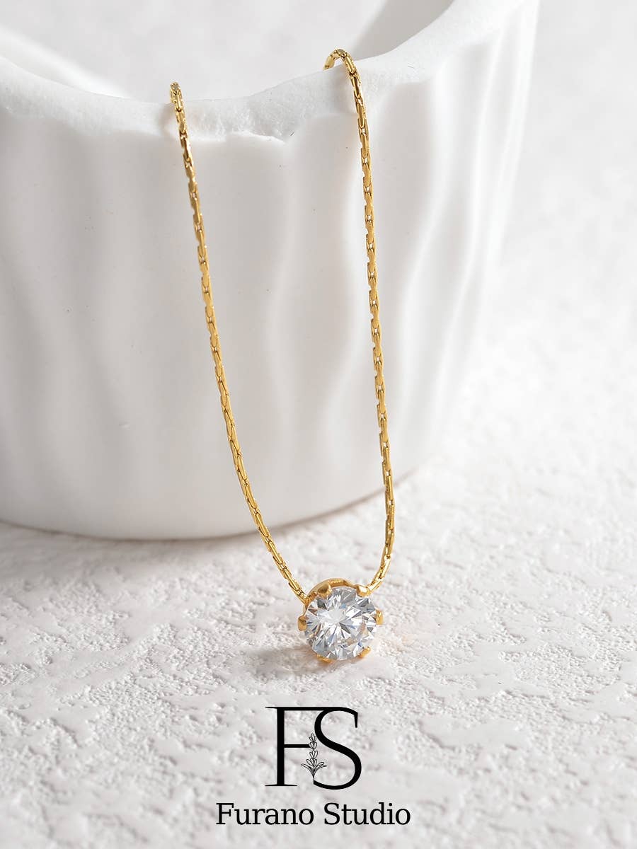 18K Gold Simple CZ Stone Necklace