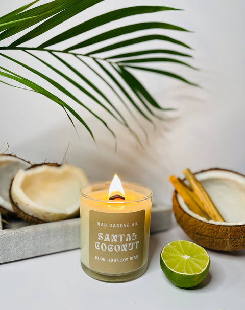 Santal Coconut Soy Candle - 10 oz Glass Jar & Wood Wick