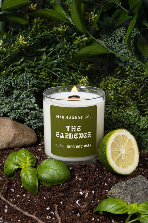 The Gardener Soy Candle - 10 oz Glass Jar & Wood Wick