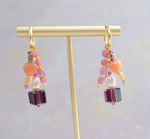 Pink and Purple Heart Charm Earrings