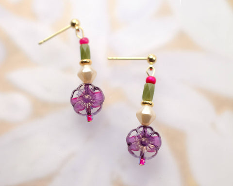 Purple flower beaded dangle earrings