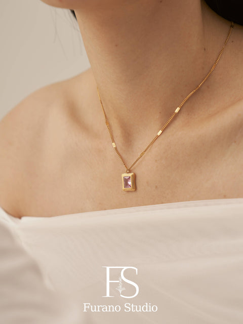 18k Gold Pink Diamond Pendant, Clear Zircon Necklace