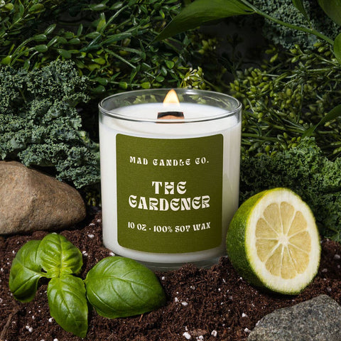 The Gardener Soy Candle - 10 oz Glass Jar & Wood Wick