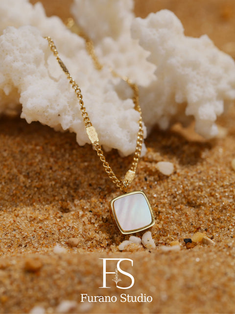 Gold Pearl Square Pendant Necklace; Pearl Charm Necklace