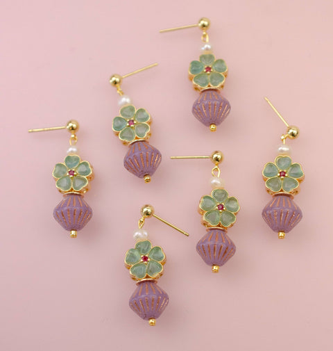 Beaded Green and Purple Dangle Earrings