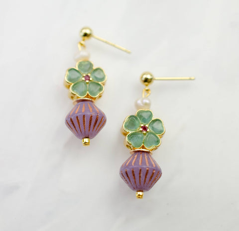 Beaded Green and Purple Dangle Earrings